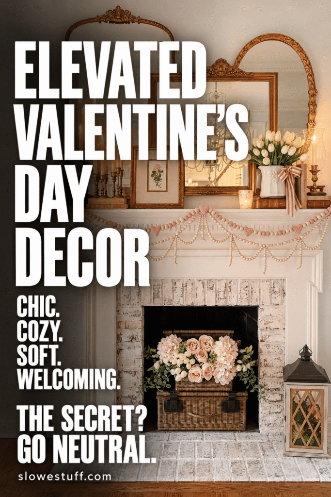 Neutral Valentine's Day fireplace mantel with gold mirrors, white tulips, blush garlands, and bold text reading “Elevated Valentine's Day Decor.”