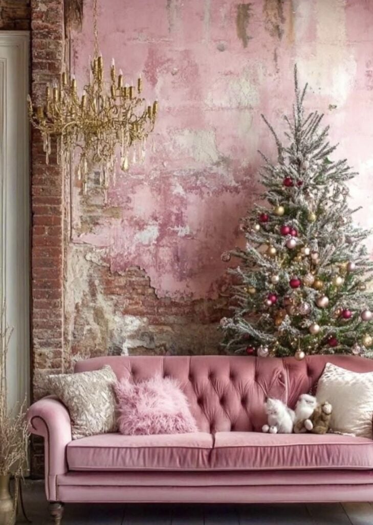 Christmas tree scene with pink wall and couch