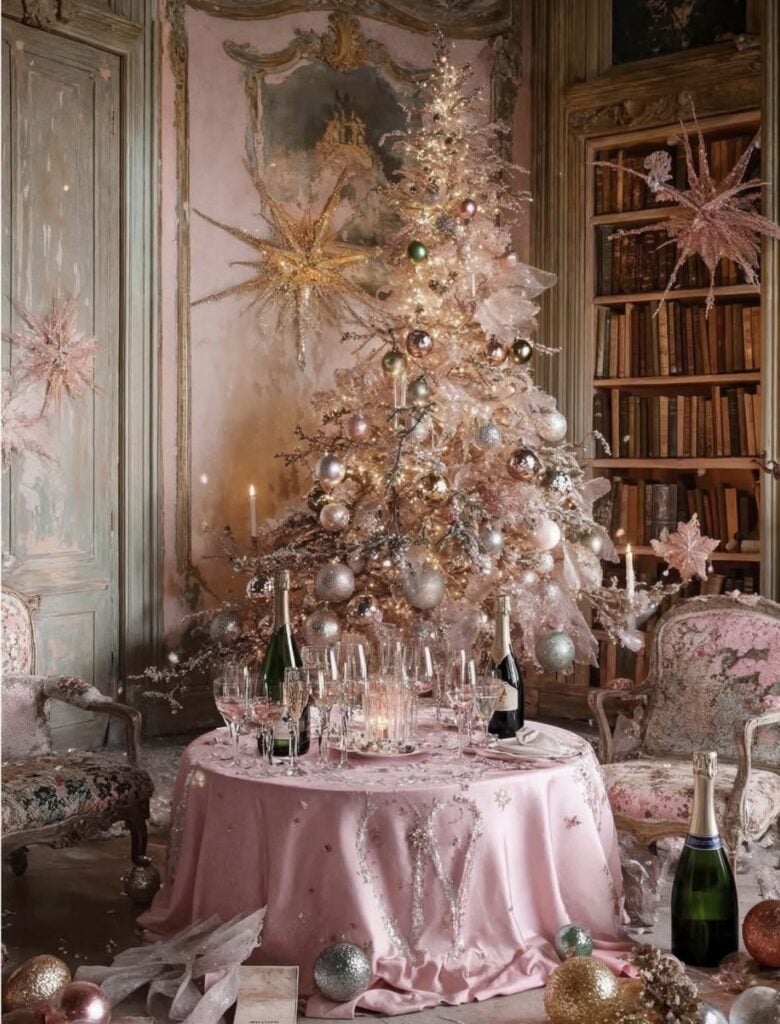 Elegant sparkling Christmas tree decorated with blush pink, silver, and gold ornaments in an ornate vintage room with oversized star decorations.
