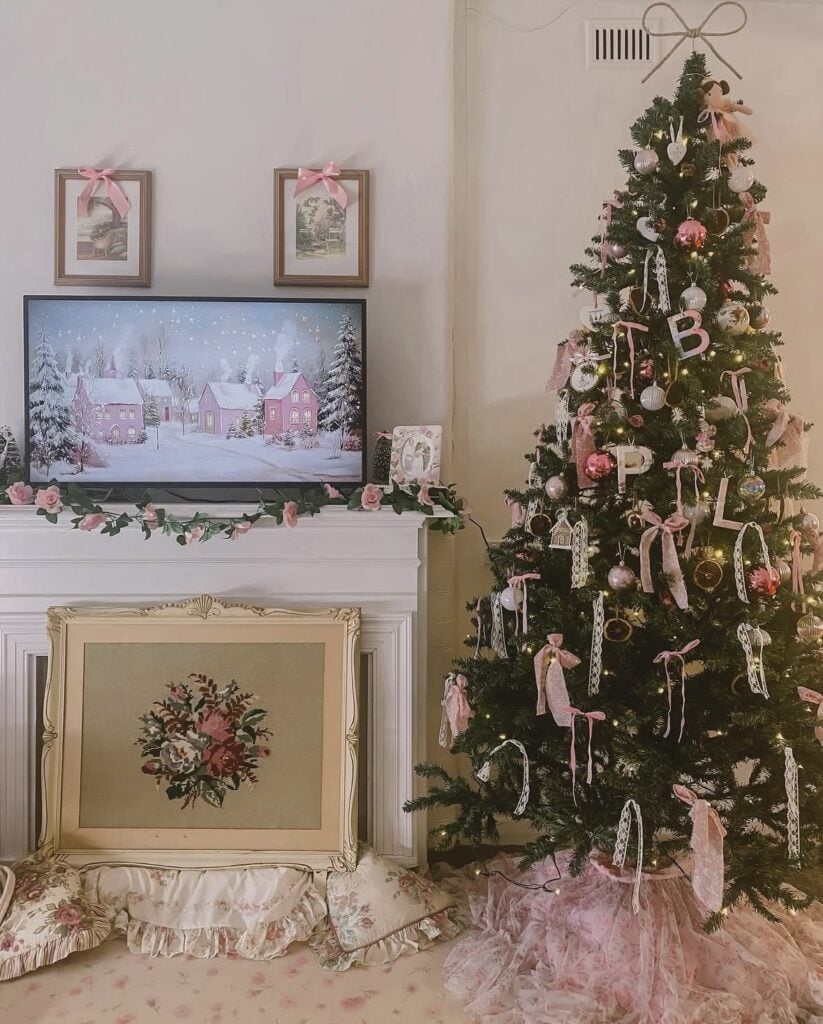 Traditional green Christmas tree decorated with pink ribbon bows, blush ornaments, lace accents, and a soft pink ruffled tree skirt.