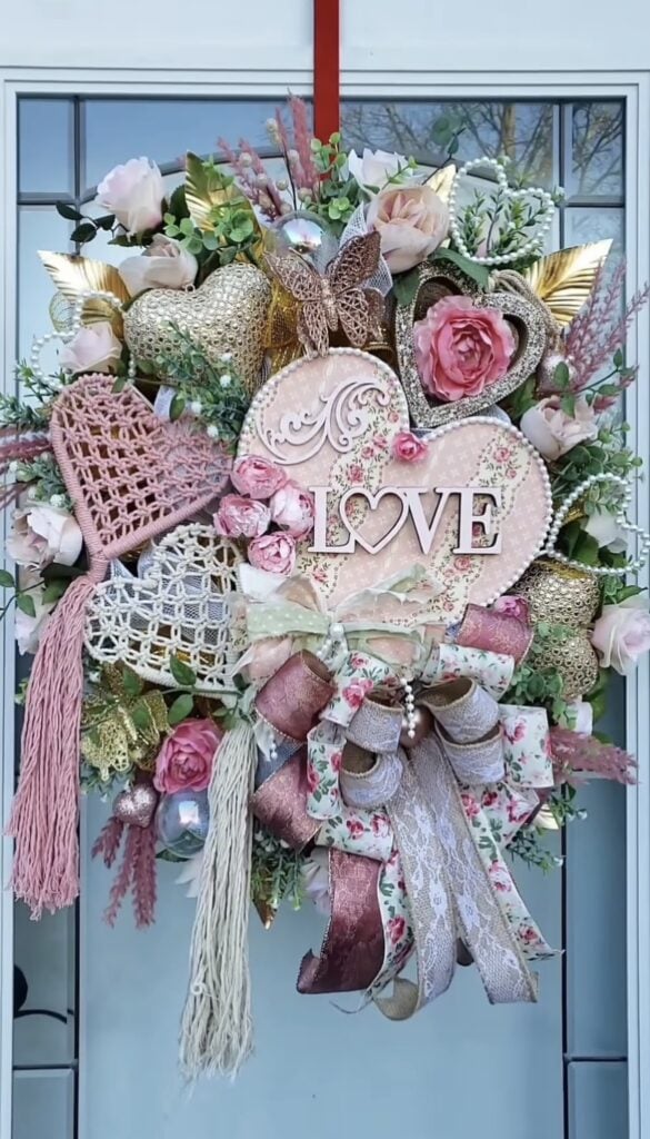 Oversized Valentine front door wreath with a floral heart “LOVE” centerpiece, pink roses, gold heart accents, pearl strands, and layered ribbon bows