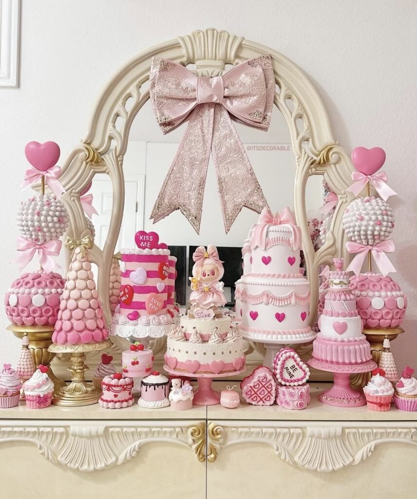 Pink Valentine dessert display with a large bow on an ornate mirror and a countertop filled with pastel cakes, cupcakes, and candy-style decorations.