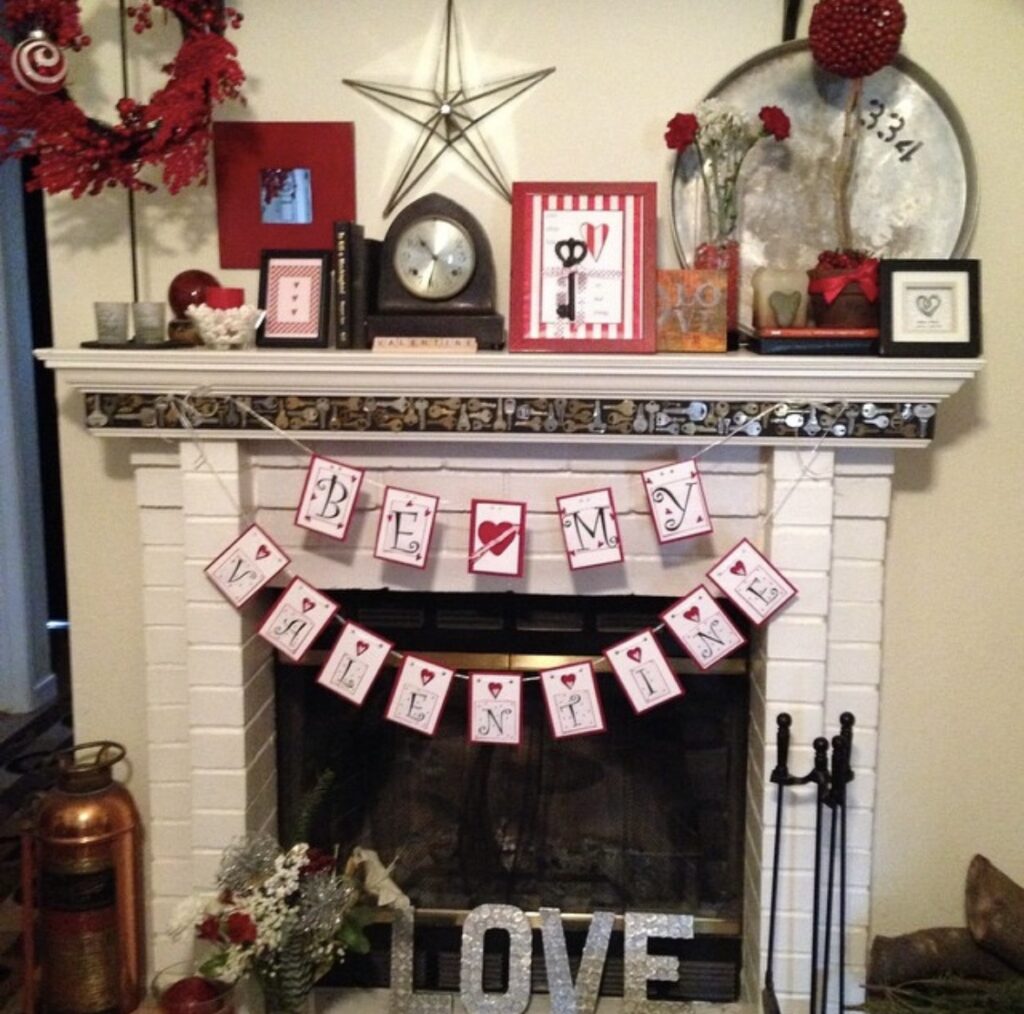 White brick fireplace mantle with red wreath, Valentine decor, and a “Be My Valentine” banner.