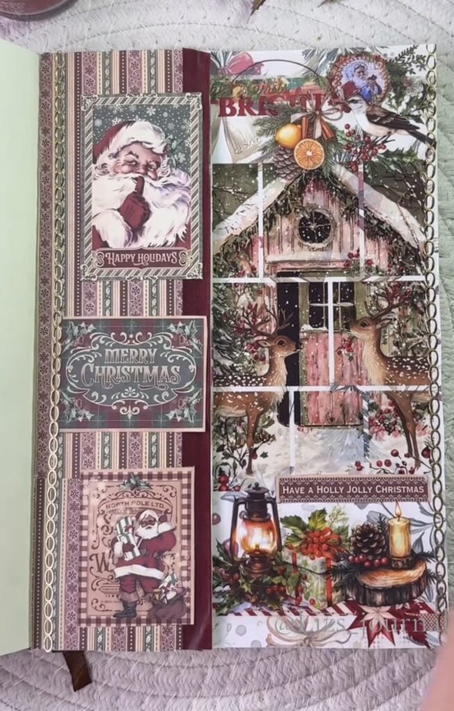 Santa Christmas junk journal page with layered papers, ribbon, tags, holly and festive collage details