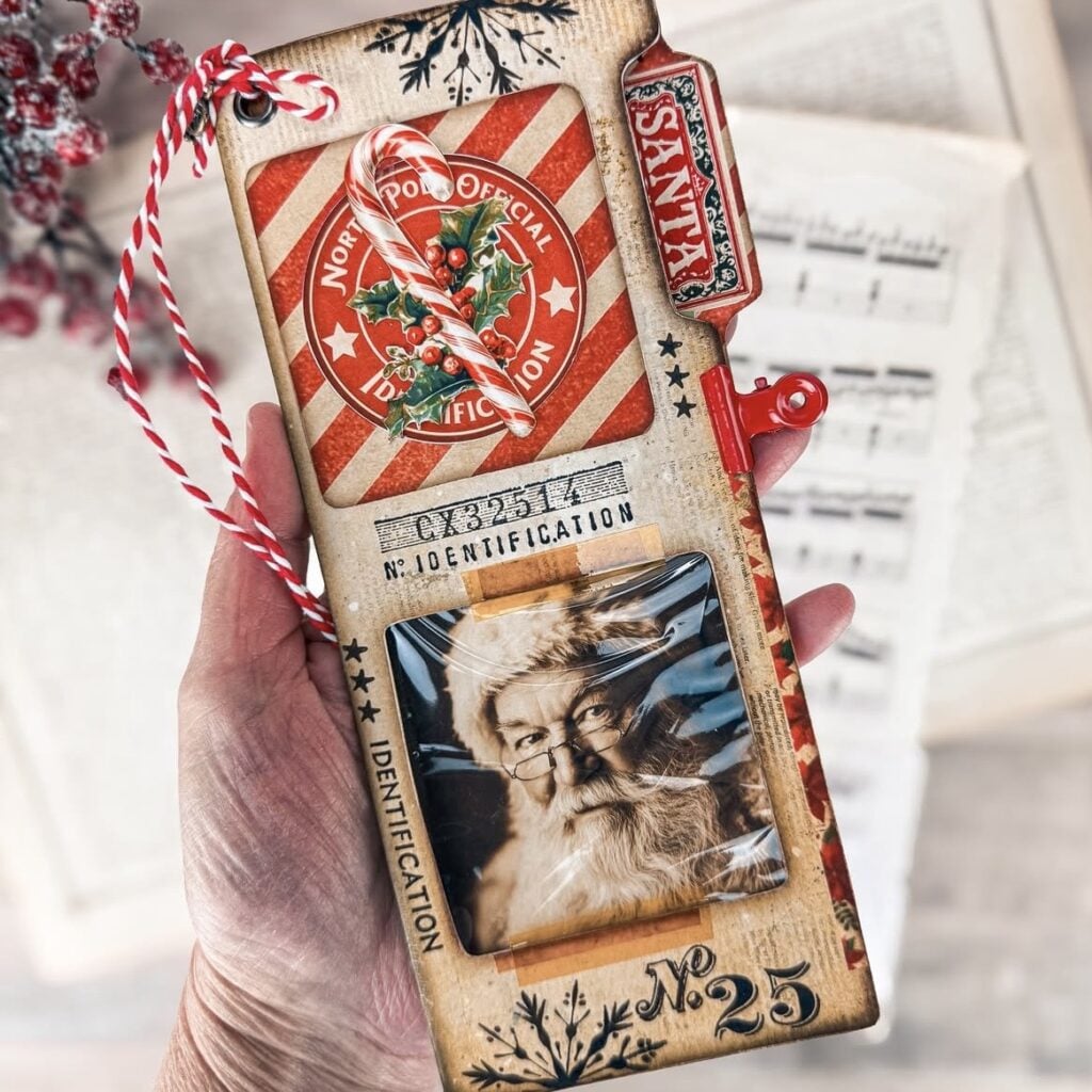 Santa Christmas tag with vintage illustration, layered paper, ribbon and festive holiday embellishments