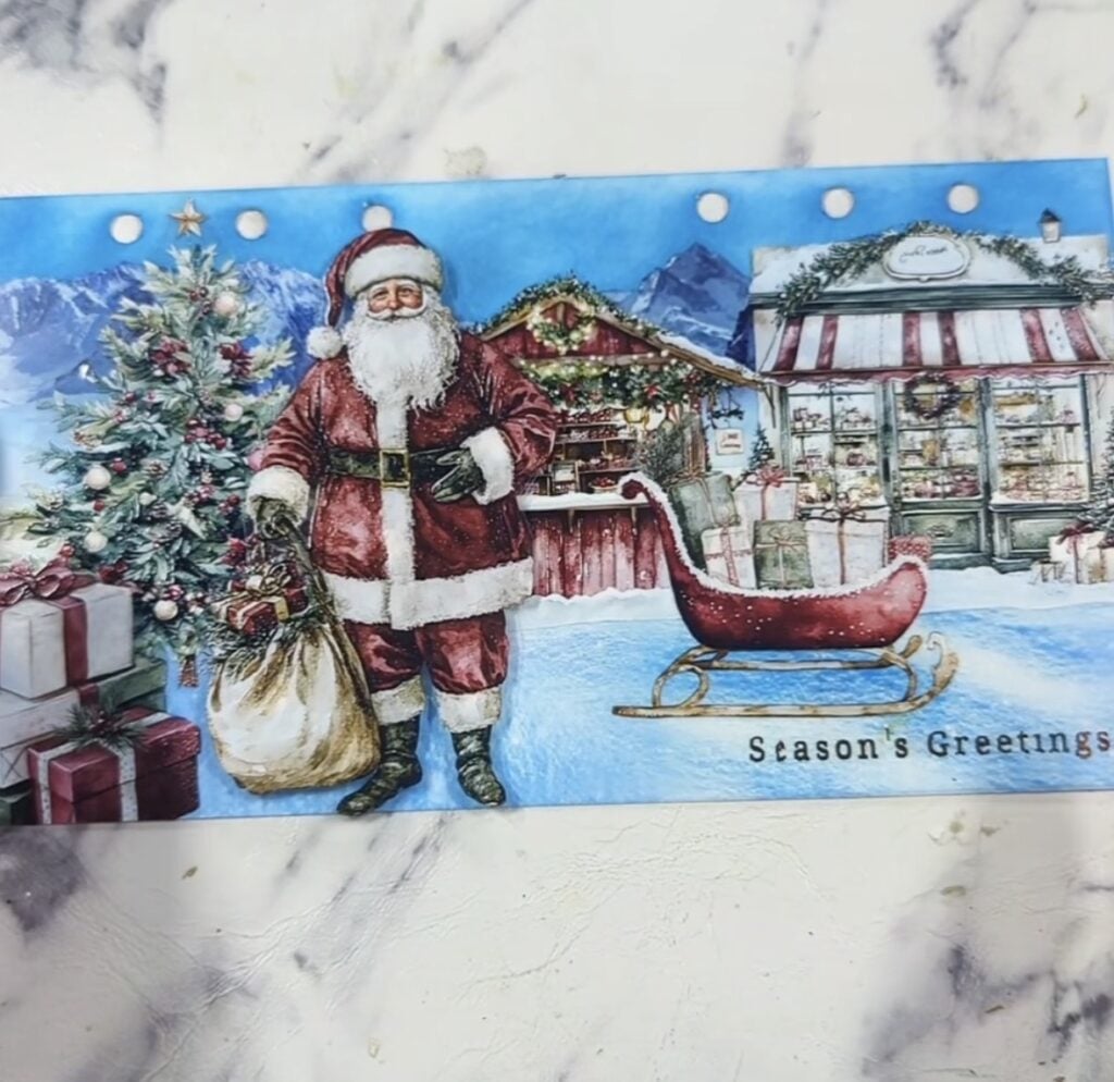 Santa junk journal page with poinsettias, Christmas trees, layered papers and colorful holiday collage details