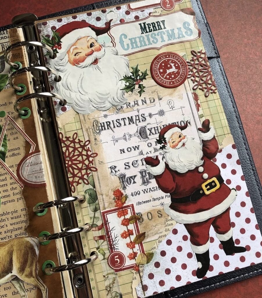 Santa scrapbook page with red and green mixed media background, Christmas stars, mail box and layered paper