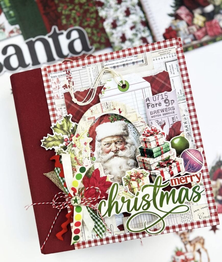 Santa scrapbook page with red and green Christmas papers, layered embellishments and holiday details