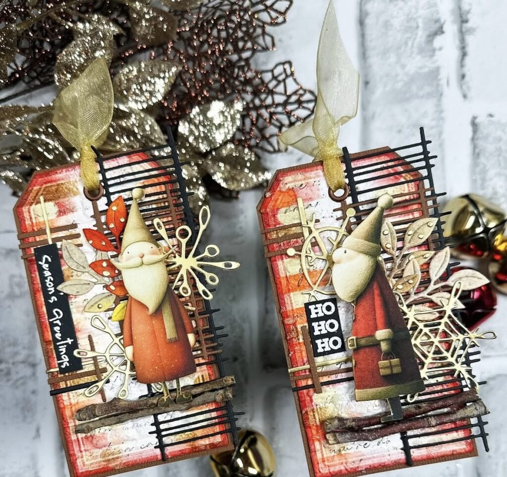 Santa scrapbook layout with red and white Christmas paper, tags, layered accents and festive details