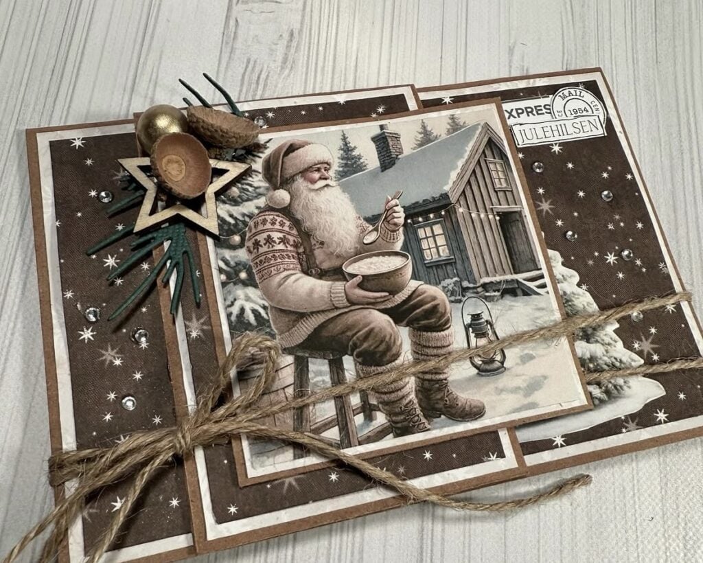 Santa scrapbook page with layered holiday papers, Christmas embellishments and dimensional accents