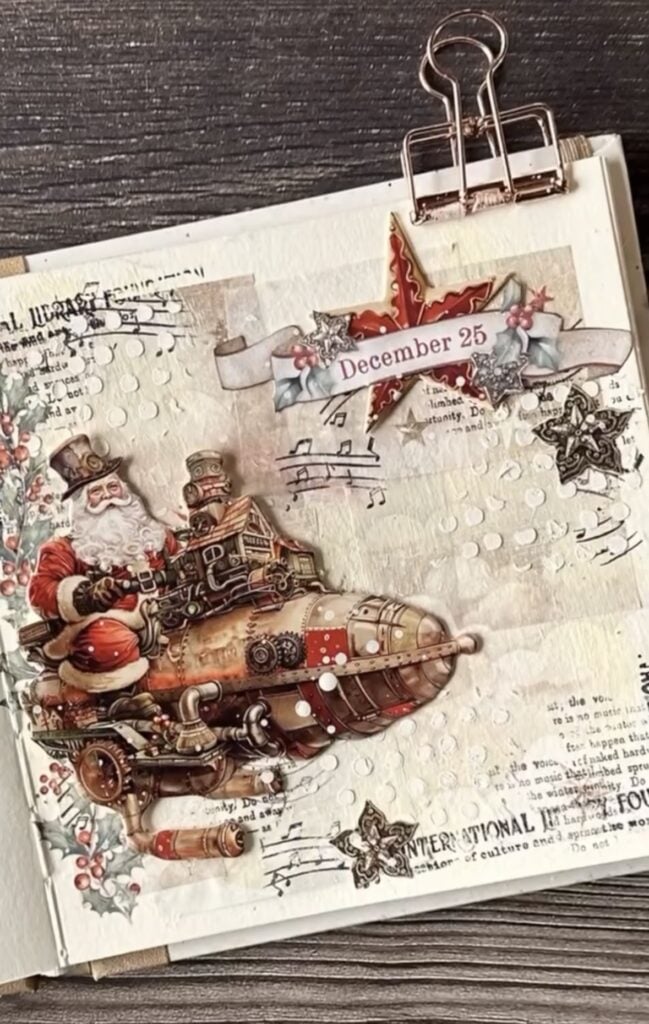 Santa junk journal page with red and green Christmas layers, tags, ephemera and holiday embellishments