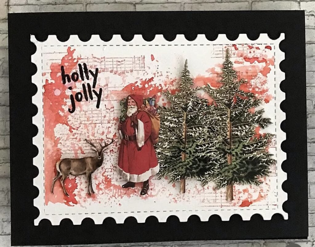 Santa scrapbook layout with Christmas photo, red and green paper layers and festive embellishments