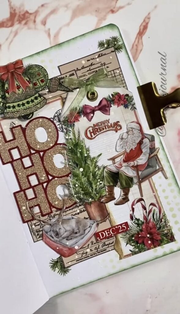 Santa Christmas junk journal page with layered paper, botanical details, tags and vintage-style ephemera