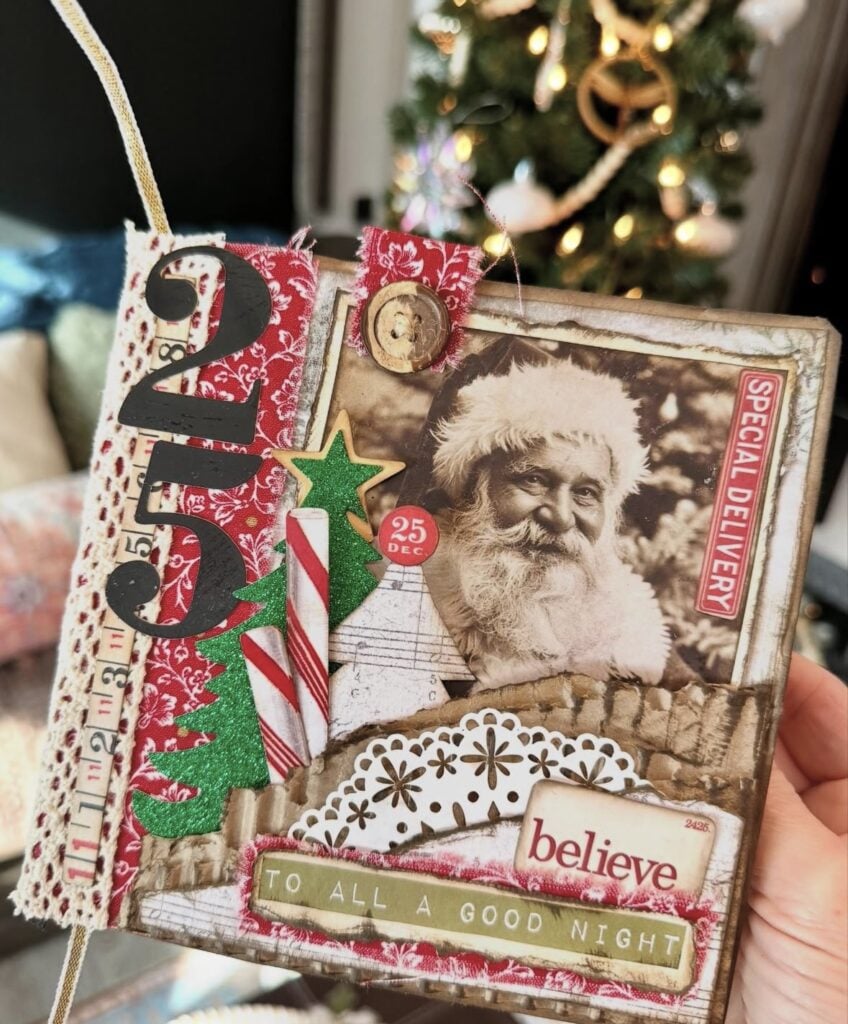 Santa-themed Christmas tags with layered die cuts, snowflakes, ribbon and mixed media details