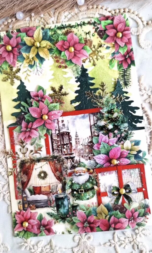 Vintage Santa scrapbook page with brown snowflake paper, twine, rustic accents and winter cabin scene