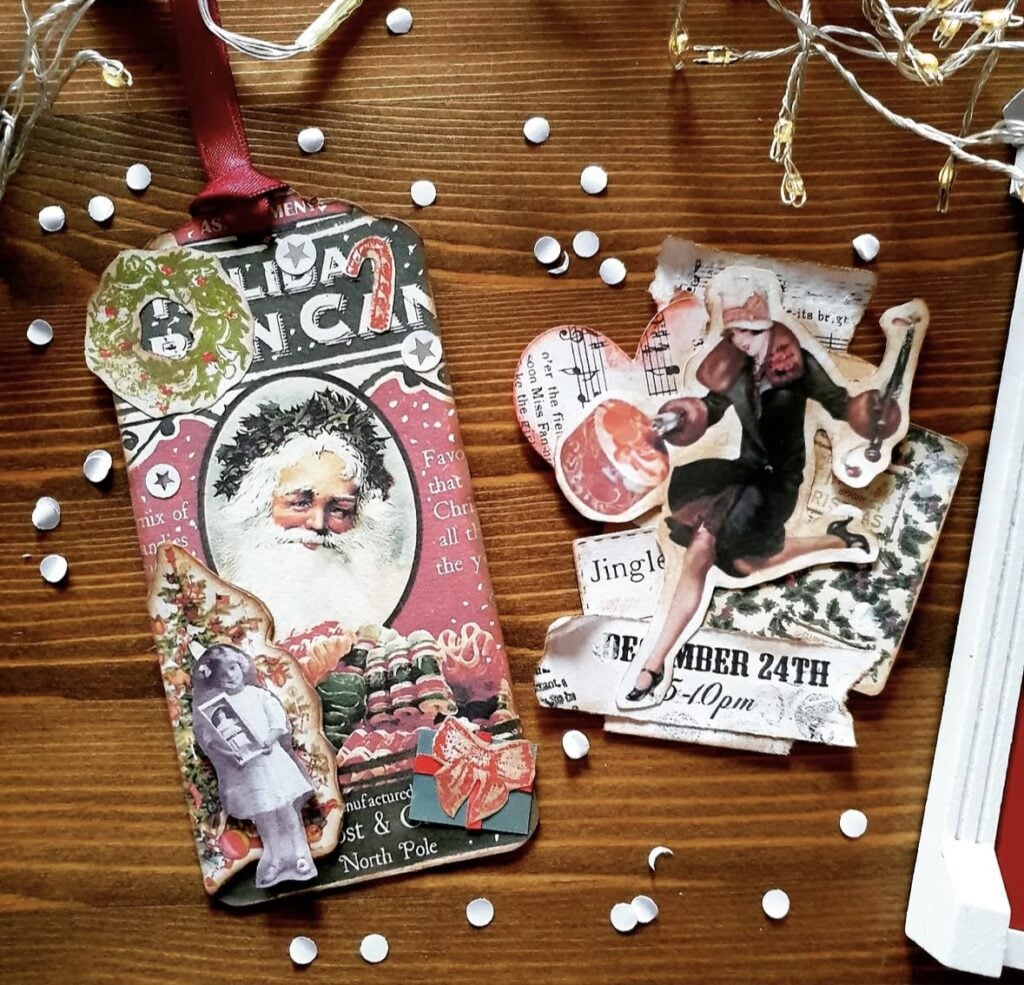 Vintage Santa junk journal page with distressed paper, green accents, stars and Christmas ephemera