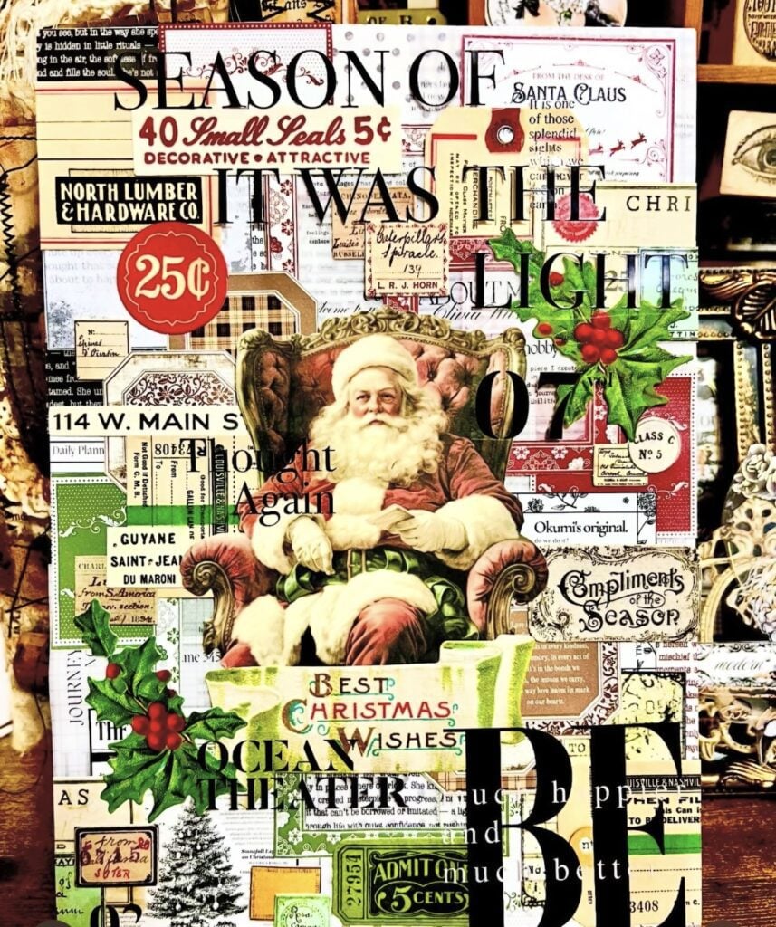 Layered Santa scrapbook page with vintage labels, tickets, holly and Christmas ephemera