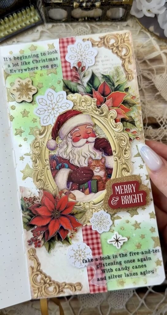 Santa junk journal page with gold frame, poinsettias, snowflakes, gingham paper and layered Christmas details