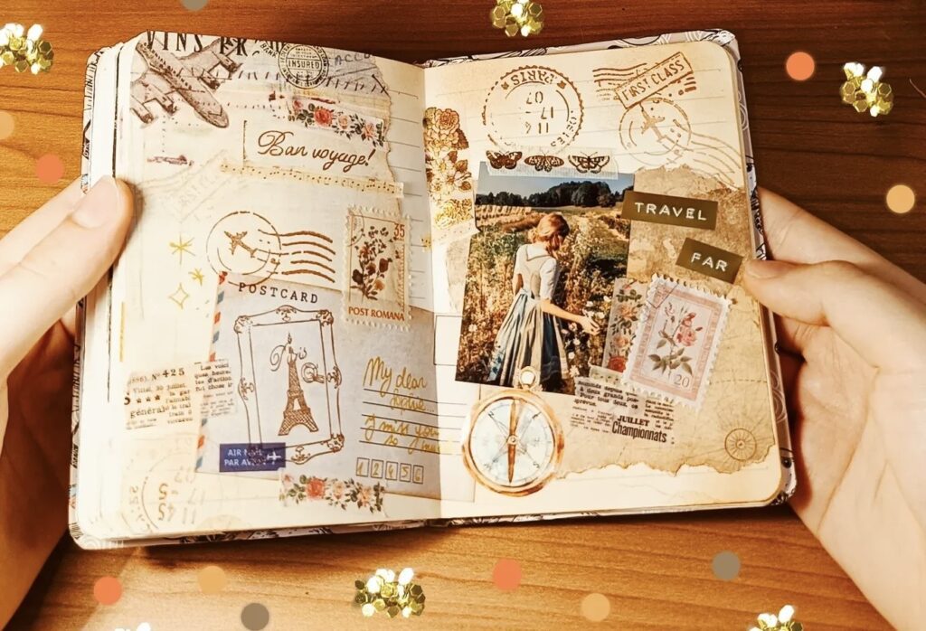 Hands holding an open travel journal with “Bon voyage” ephemera, postcard-style stamps, a compass embellishment, and a “Travel Far” photo collage on the right page.