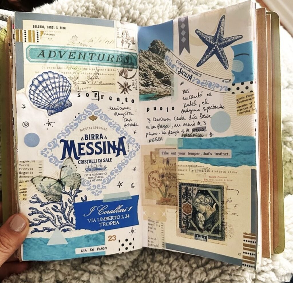 Travel journal spread titled “ADVENTURES” with ocean-themed collage elements like a shell and starfish, plus handwritten notes and layered paper in blue tones.