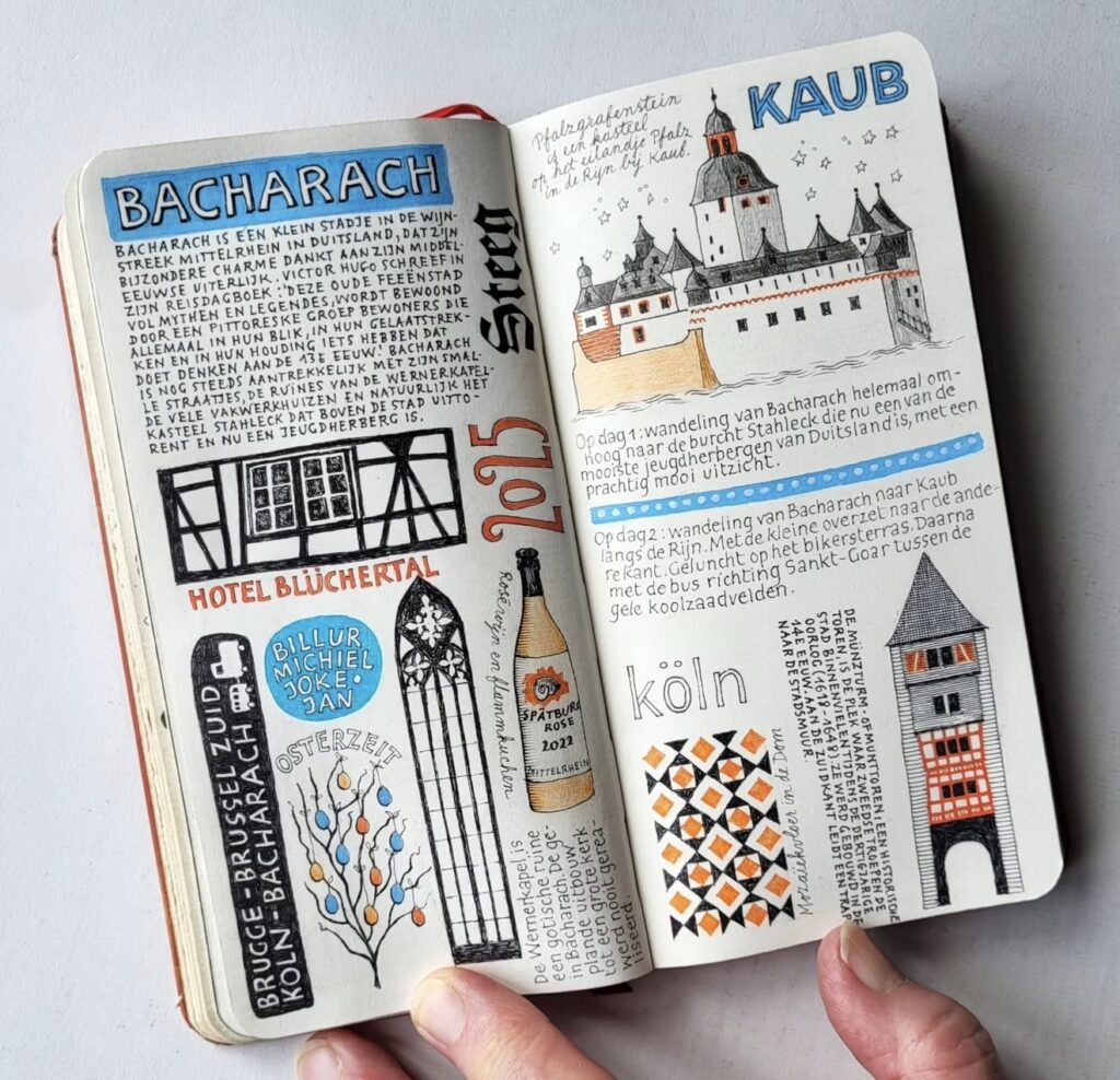 Illustrated travel journal pages featuring German towns “BACHARACH” and “KAUB,” with sketches of buildings, handwritten notes, and a bold “2015” date.