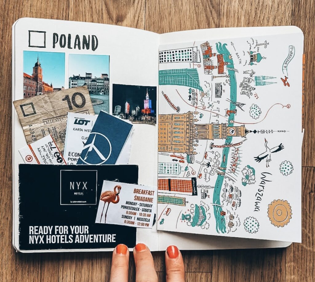 Travel journal spread labeled “POLAND” with layered tickets and photos on the left page and a colorful illustrated city map labeled “Warszawa” on the right page.