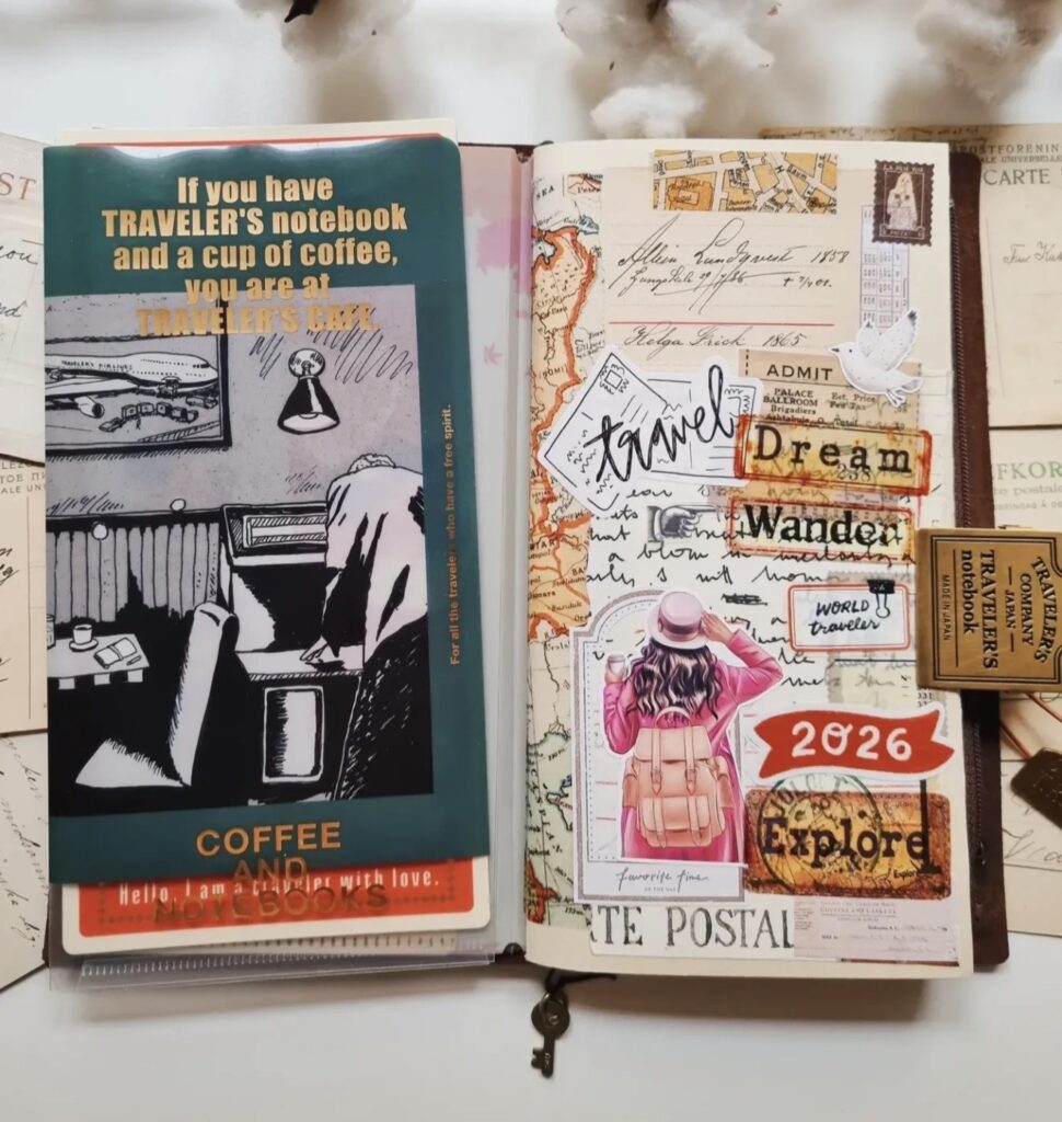 Traveler’s notebook open to a collage page with vintage paper, stamps, “Dream Wander Explore 2026” wording, and a “world traveler” sticker, beside a “Traveler’s Café” coffee card.