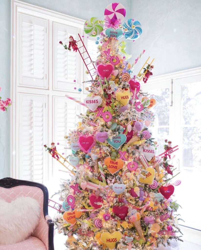 Colorful Valentines Day tree with candy style ornaments, hearts, and playful accents, credit turtlecreeklane.