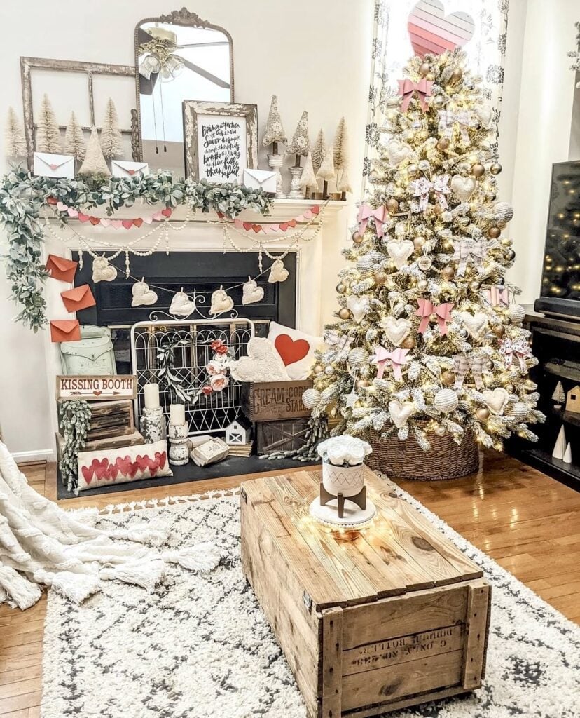 Rustic and natural Valentines Day tree with layered pink ribbon, heart ornaments, and cozy farmhouse decor, credit corbelcottage.
