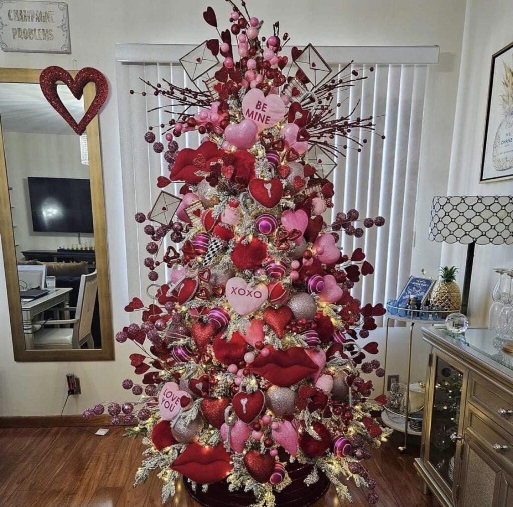 Love letter theme Valentines Day tree design with hearts and flags in bold red and pink tones, credit flagwix.