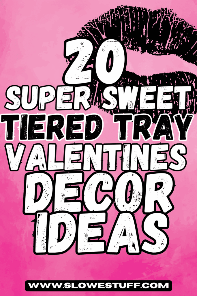 20 SUPER SWEET TIERED TRAY VALENTINES DECOR IDEAS” graphic on a pink watercolor background with a black lips illustration and the URL www.slowestuff.com