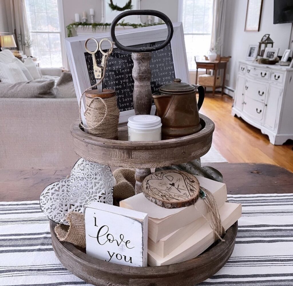 Valentines tiered tray in neutrals and white with i love you theme