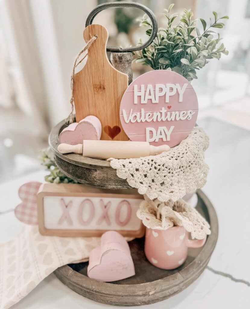 Valentines tiered tray in blush pink, tan and natural green elements, cute and feminine
