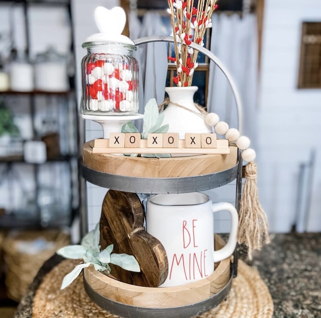 simple Valentines tiered tray in red and white in a kitchen 