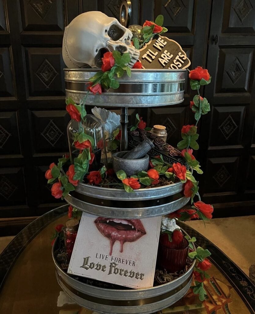 goth style Valentines tiered tray with skull, sign with lips dripping saying love forever