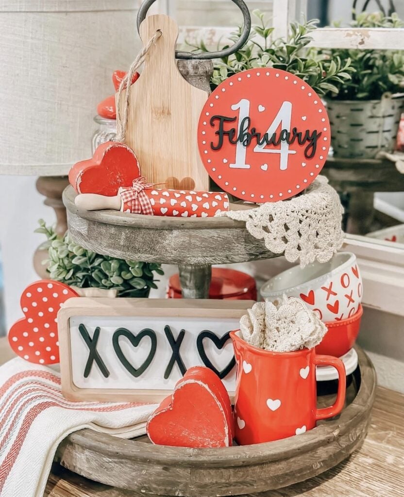 Valentines tiered tray in red and white with hearts February 14 sign and xoxo