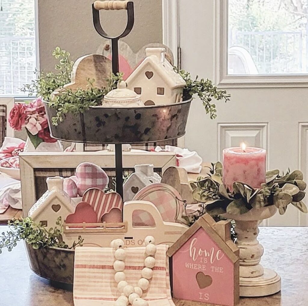 Valentines tiered tray in blush pink and white rustic and farmhouse styling