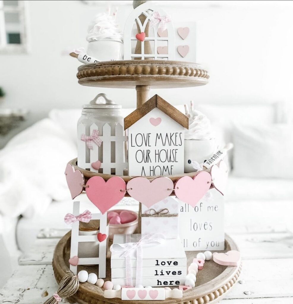 Valentines tiered tray in pink and white with home sweet home and hearts wrapped around the tray