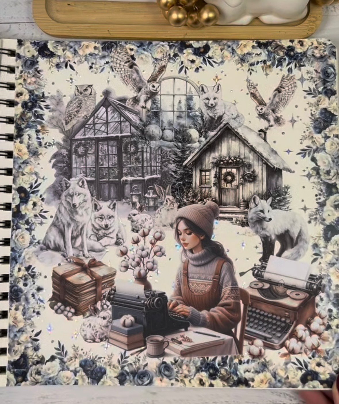 Winter scrapbook layout with layered patterned paper, labels, and cozy winter icons for a non-snow winter theme.