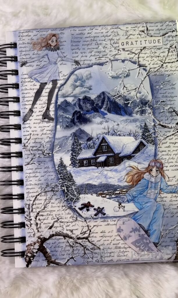 Winter scrapbook page featuring a photo-focused layout with blue winter accents and a sign that says gratitude