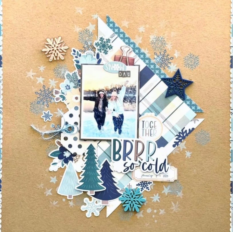 Winter scrapbook layout using browns and cool tones with layered papers and a cozy seasonal feel.