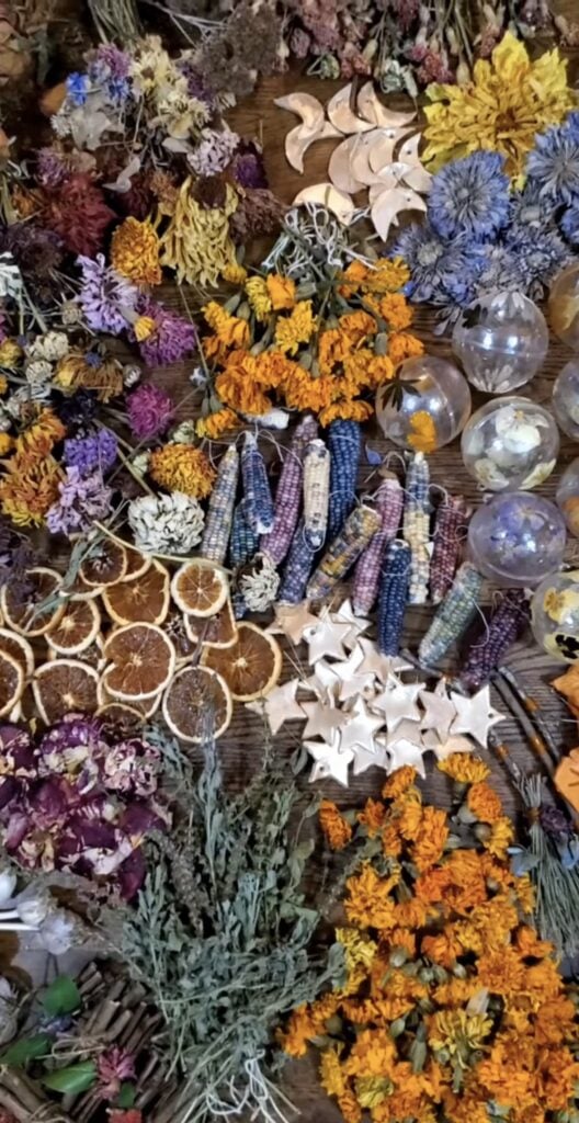 Cozy farmhouse dining room table full of Winter Solstice decor of fresh evergreen, candles, pine cones, natural wood textures, dried flowers, dried oranges, herbs