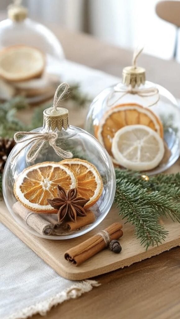 Rustic Winter Solstice centerpiece with candles, greenery, dried oranges, pine cones, and natural woodland decor in glass ornament