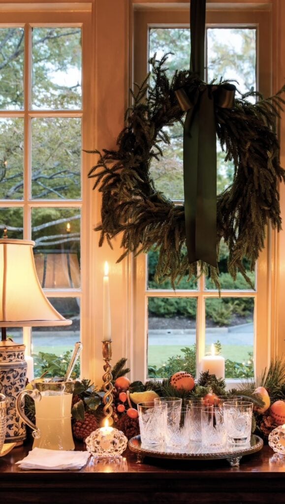 Rustic holiday entryway decorated with evergreen wreaths, candles, lanterns, and natural Winter Solstice decor.
