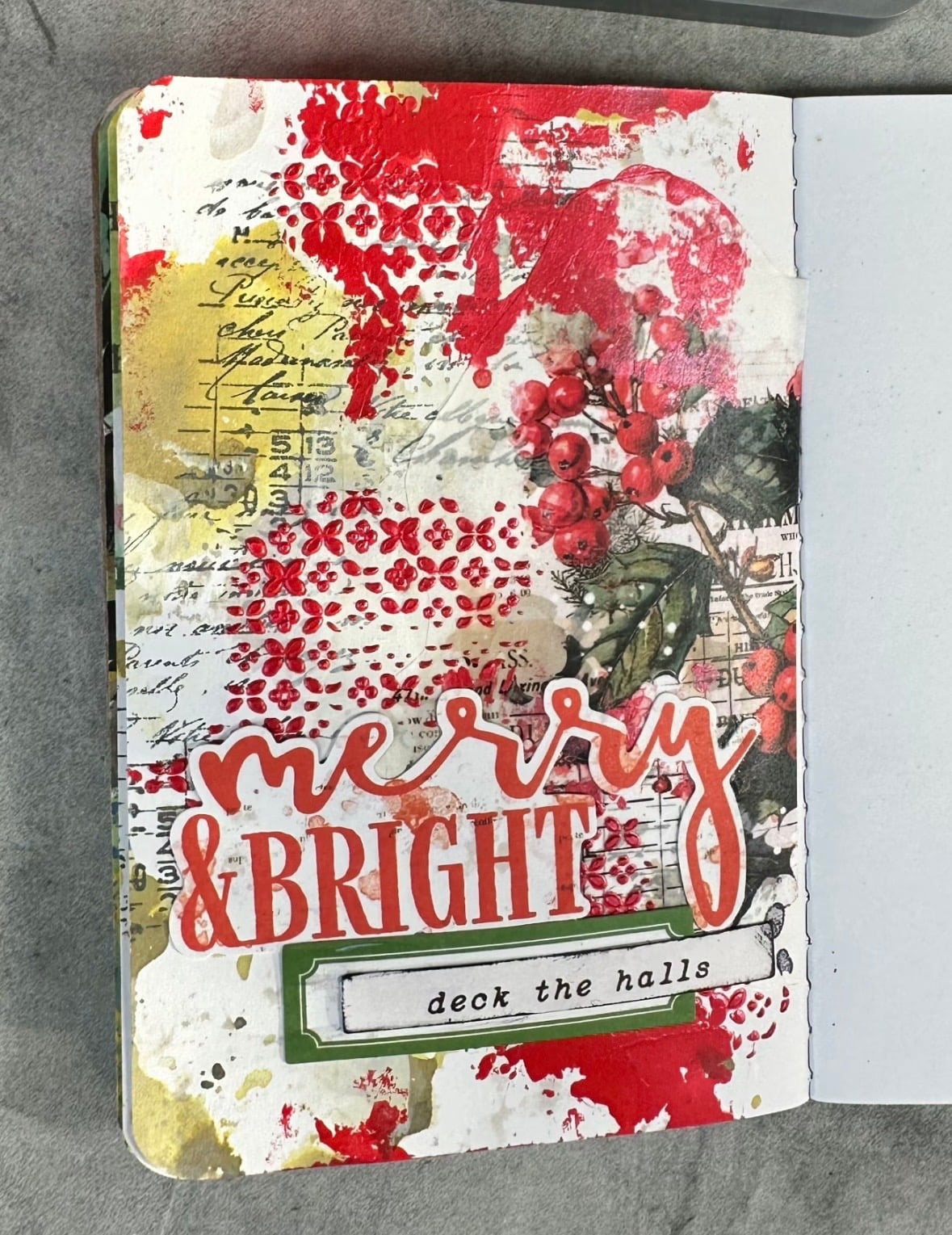 Christmas junk journal page with layered paper, tags and festive scrapbook embellishments