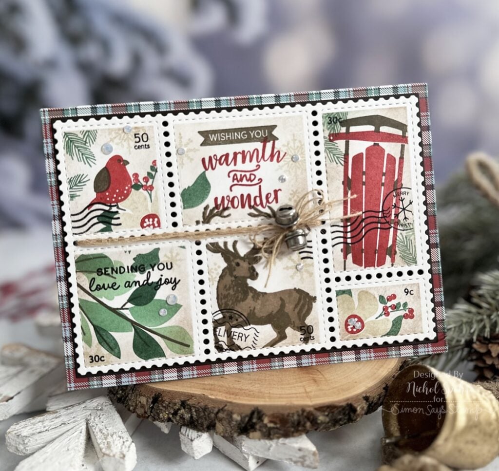 Christmas scrapbook layout inspiration with layered holiday paper and embellishments