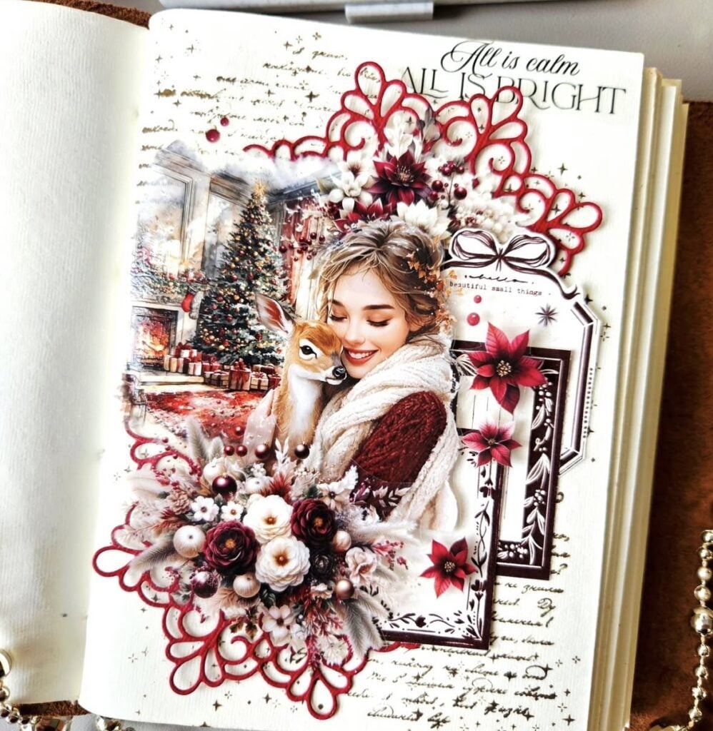 Christmas journal page with layered festive paper, collage and seasonal details