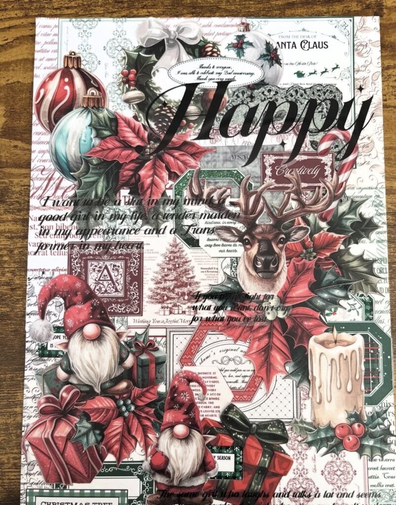 Layered Christmas scrapbook page with festive paper, ephemera and mixed media details