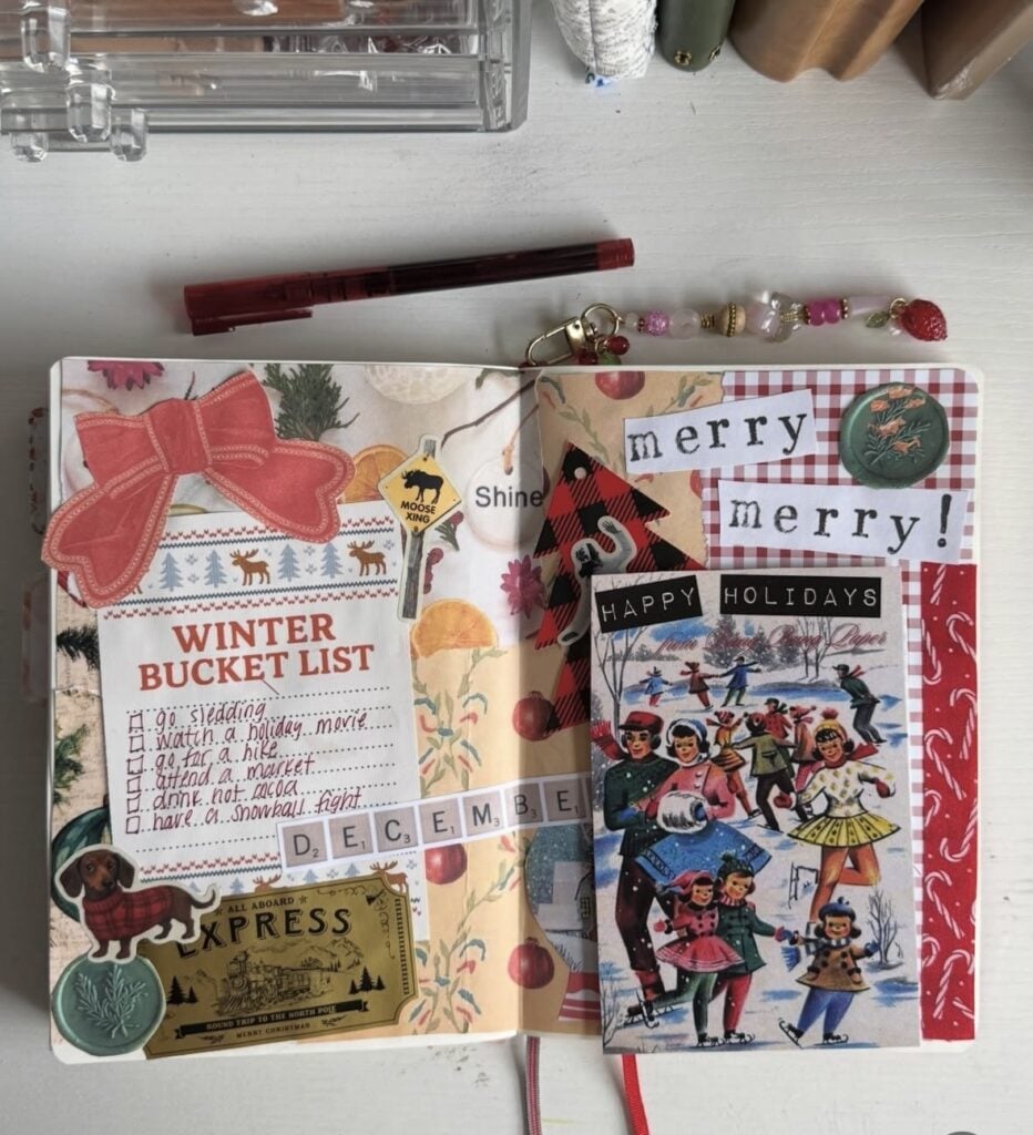 Happy Holidays Christmas scrapbook page with layered festive paper and embellishments