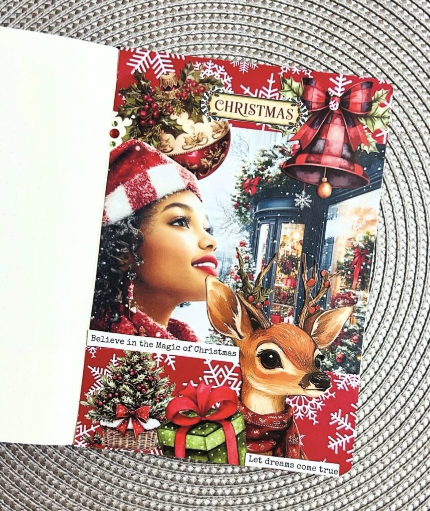Christmas scrapbook page idea with layered holiday paper and mixed media embellishments